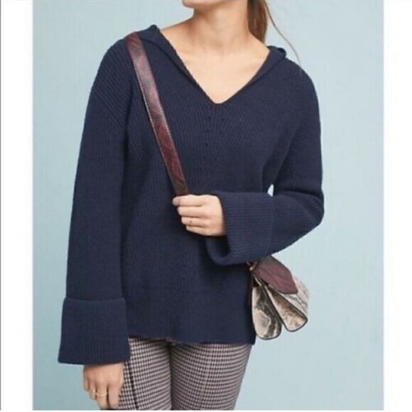Anthro | by Anthropologie Stitch Sweater Hoodie Knit Navy sz XS Oversized - Picture 1 of 9